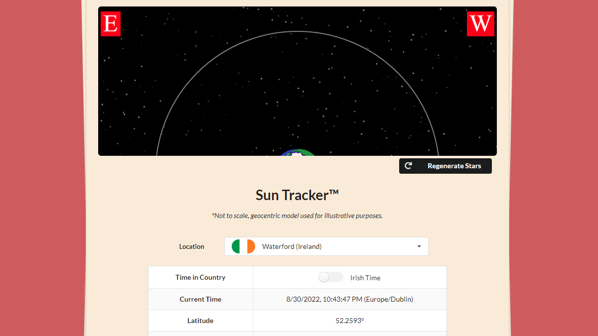 Website that displays the current position of the sun in a variety of countries.